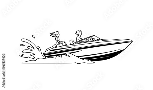 Speed boat ride with woman on sea black and white flat vector illustration summer travel concept