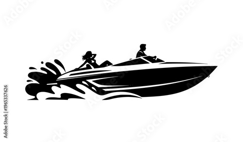 Speed boat with female passenger silhouette black and white vector sea transport lifestyle concept