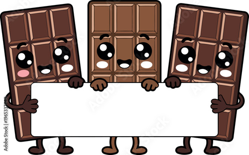 Cute chocolate bar cartoon characters holding blank sign board, funny sweet dessert mascots isolated, playful cocoa snack illustration set