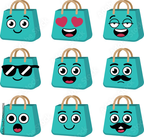 Vector set of cute happy shopping bags, smiling retail package characters, funny store sale mascots, consumer purchase concept illustration