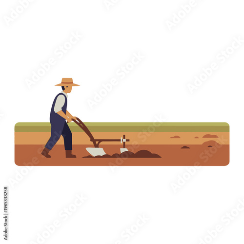 Traditional Farmer Plowing Field for Planting Crops, Cultivating Earth with Manual Labor