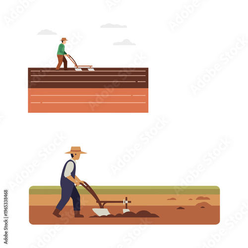 Farmers cultivating land with plows, agricultural work, and rural life