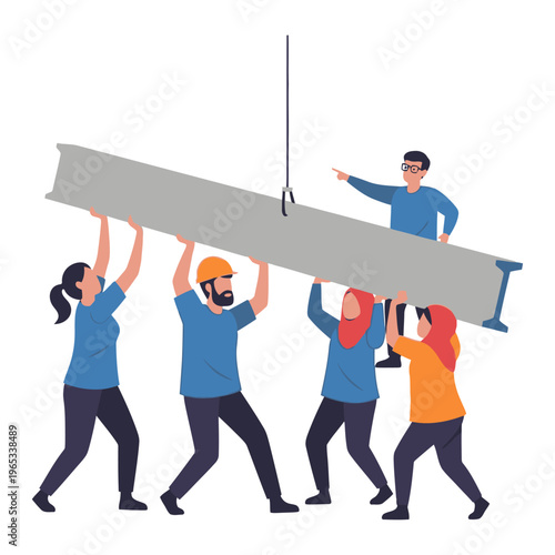 Diverse construction crew collaboratively lifting a massive steel beam with shared effort and unity