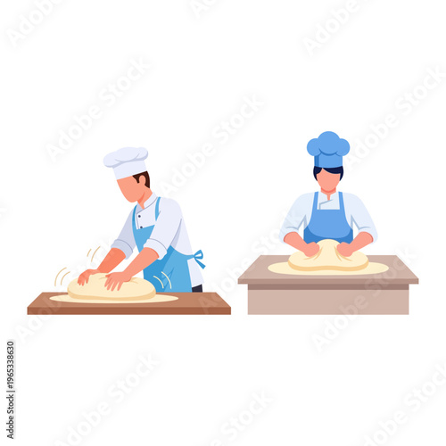 Two chefs kneading dough on a wooden board and tabletop, preparing bakery items