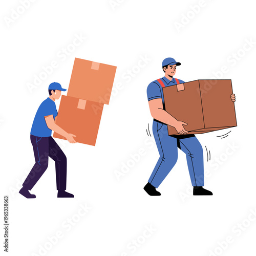 Moving and delivery personnel carrying heavy boxes and packages