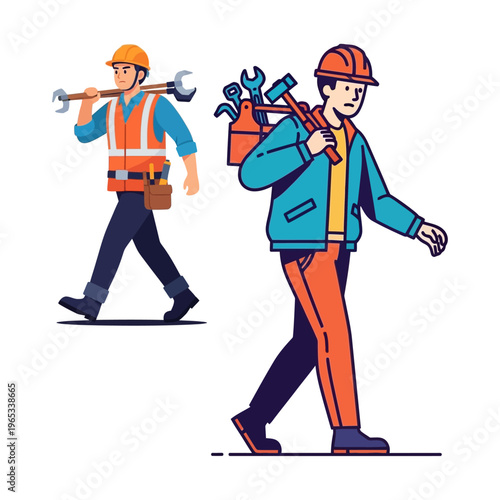 Dedicated trade workers with safety helmets and essential tools walking to job sites