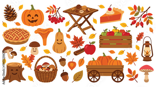 Autumn harvest colored collection with various fruits, vegetables, and mushrooms.
