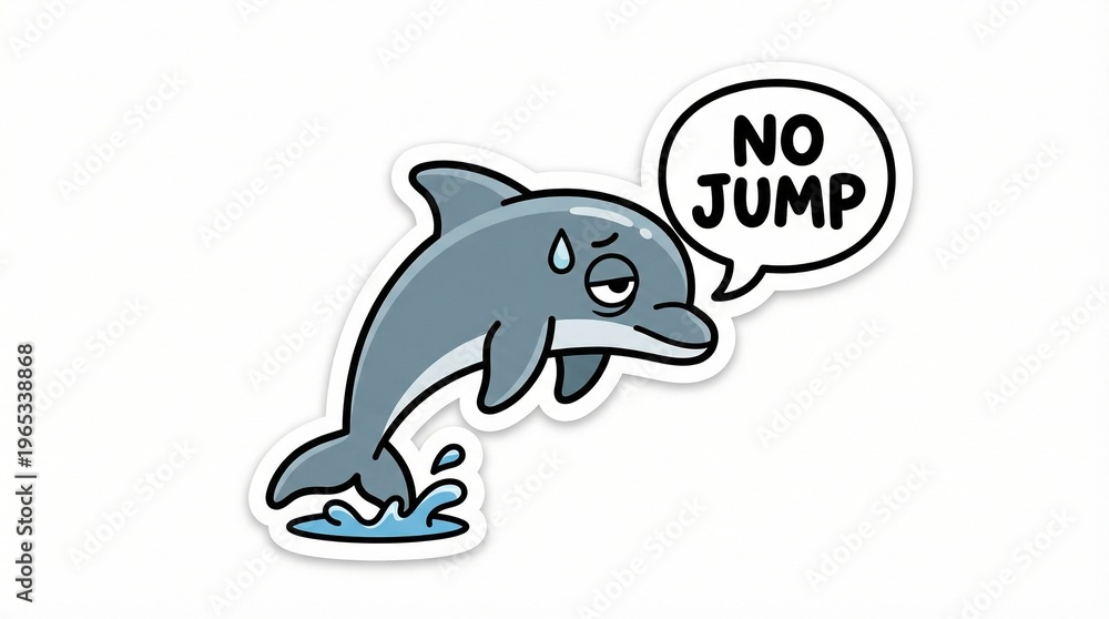 Naklejka premium Cartoon dolphin with sad expression and speech bubble saying 