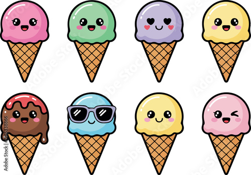 Cute cartoon ice cream characters with funny faces, colorful sweet dessert mascots, happy summer treats, playful frozen food vector illustration