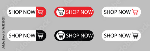 A set of shop now tagline button set featuring business icons and vector arrows for website design elements like login, upload, and download signs on a computer banner