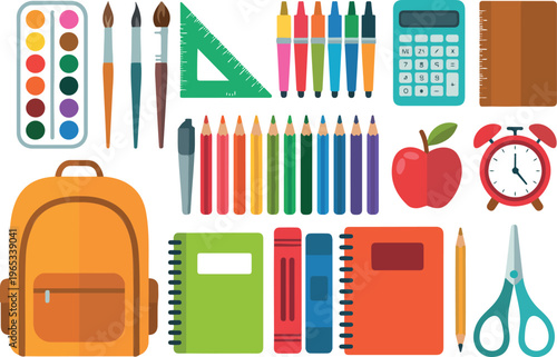 Vector set of school supplies, cute colorful stationery items, pencils, notebooks, erasers, rulers, backpacks, and classroom tools illustration