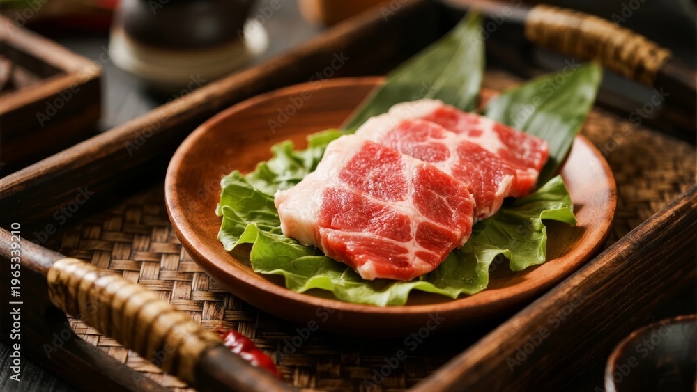 Fototapeta premium Raw marbled meat slices served on a wooden plate with green leaves, presented on a woven tray.