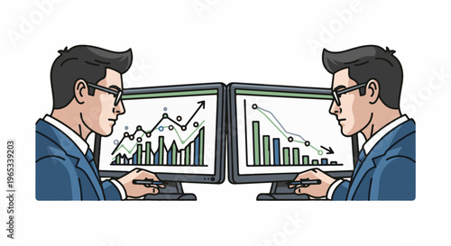 Two men in suits analyze contrasting financial data on separate computer screens