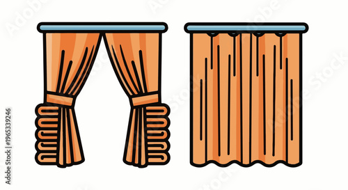 Two orange curtains hung on a blue rod, one open, one closed