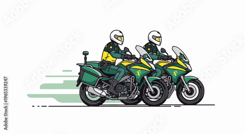 Two officers in green uniforms ride motorcycles, creating motion lines