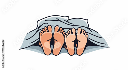 Two pairs of feet peek out from under a light blue blanket, suggesting rest