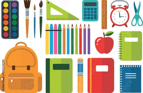 Vector set of school supplies, cute colorful stationery items, pencils, notebooks, erasers, rulers, backpacks, and classroom tools illustration