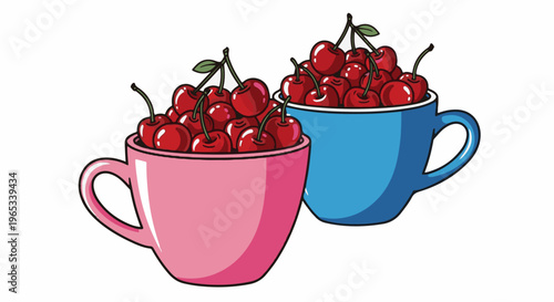 Two cups, one pink and one blue, filled with bright red cherries