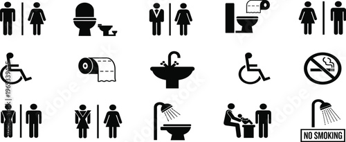 A collection of bathroom icons depicting people, toilets, and facilities.