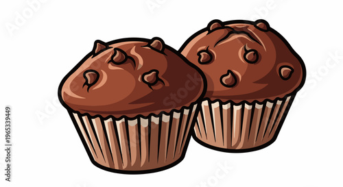Two delicious chocolate chip muffins with brown wrappers on a white background