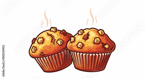 Two delicious golden-brown muffins with visible steam rising, topped with cubes