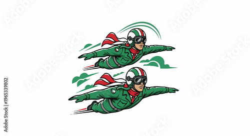 Two cartoon pilots in vintage green flight suits and helmets soar