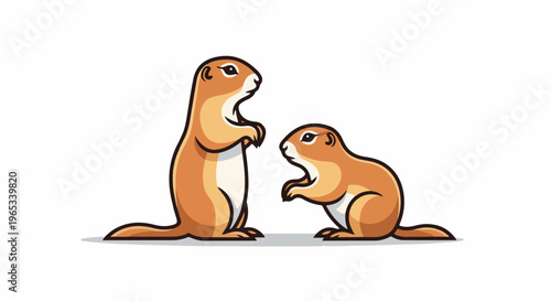 Two cartoon prairie dogs interacting on a white background