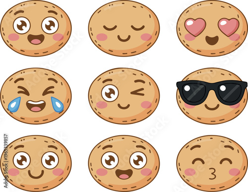 Cute happy potato character emoji set, funny smiling vegetable cartoon, playful food mascots, cheerful snack icons, kawaii vector illustration