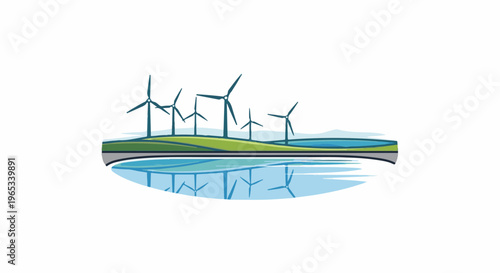 Stylized wind turbines on green hills reflected in blue water