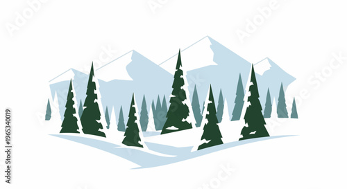 Stylized winter landscape with snow-covered mountains and pine trees