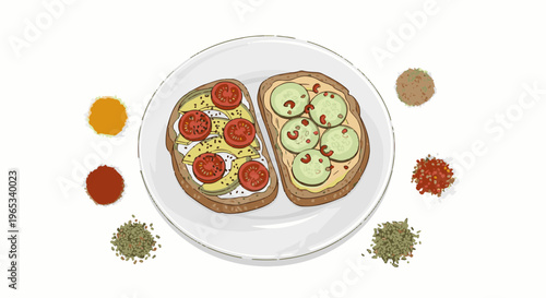 Two artistically drawn open-faced sandwiches, one with avocado and tomato, the other with cucumber