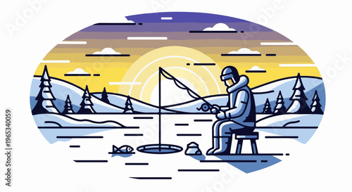 Stylized winter scene with ice fishing at sunrise