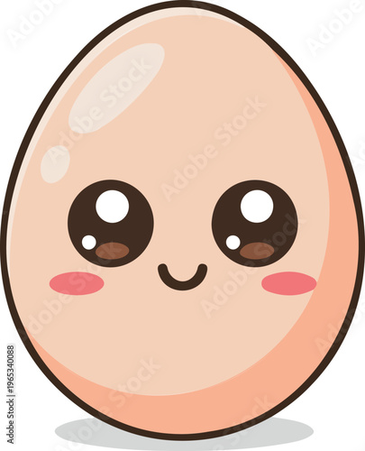 Cute cartoon happy egg character, smiling breakfast food mascot, cheerful yolk and shell illustration, playful healthy snack vector design