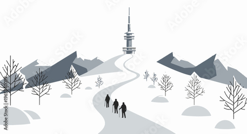 Stylized winter scene with hikers ascending a snowy path towards a tall tower on a peak