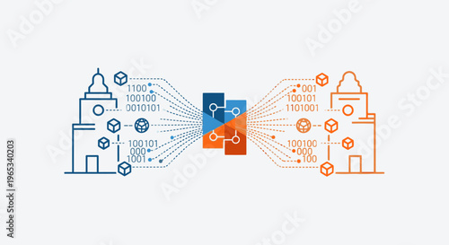 Business partnership and communication concept with buildings and network connections
