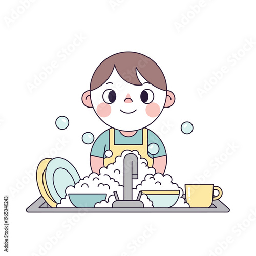 Child happily washing dishes in a sink filled with soap bubbles, chores concept