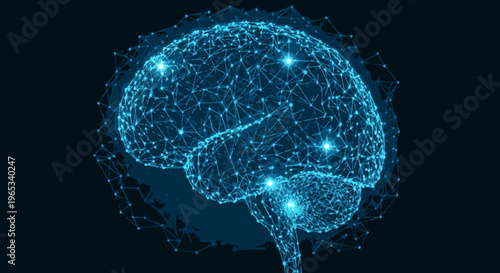 Digital brain illustration with glowing blue connections and nodes