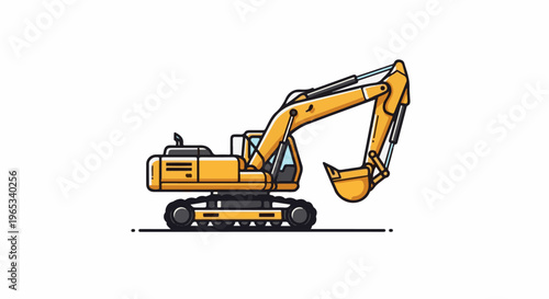 Stylized yellow tracked excavator with a large bucket for digging and construction