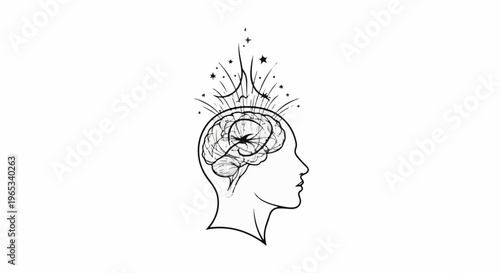 Stylized profile of a human head with a detailed brain and radiating sparks