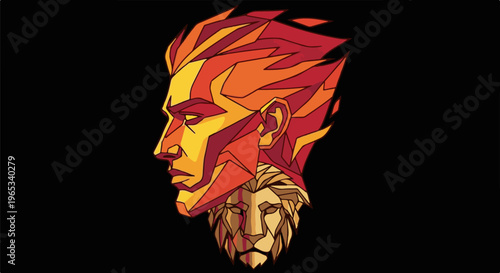 Stylized profile of a man with fiery hair merges with a lion's head