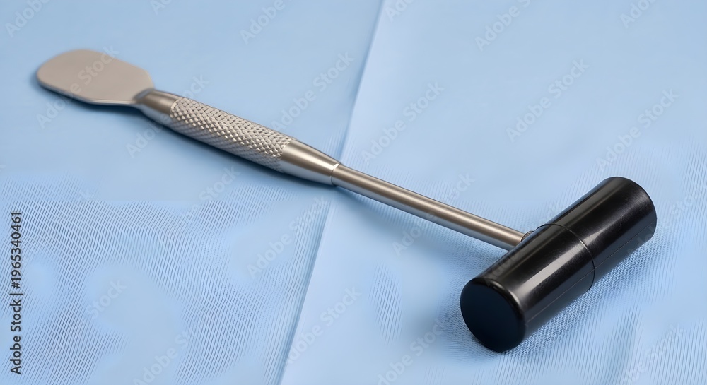 Naklejka premium A medical instrument with a flat metal blade and black handle on a blue surface