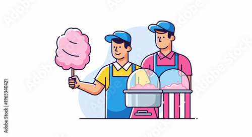Two confectioners in caps and aprons prepare and serve pink cotton candy