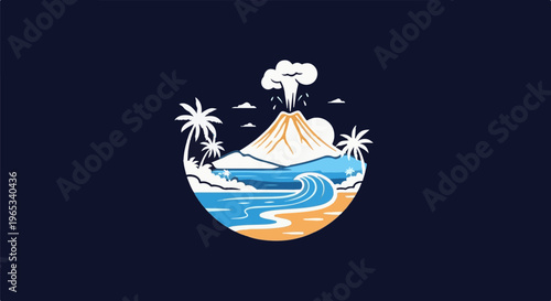 Stylized tropical island with a volcano erupting near the coast