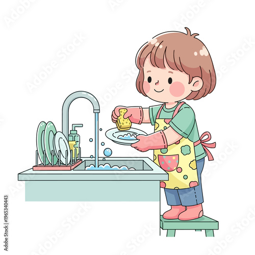 Child washing dishes at kitchen sink with sponge and bubbles, wearing apron and gloves