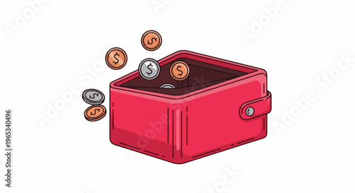 Stylized red wallet with coins falling out