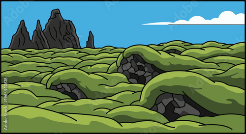 Stylized rocky outcroppings covered in moss under a bright blue sky