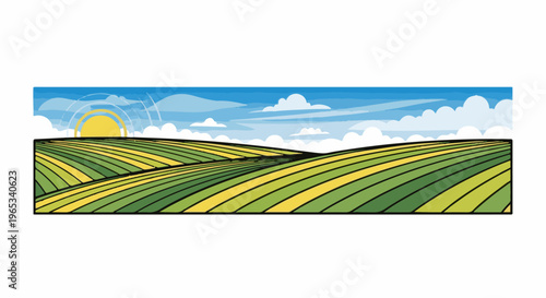 Stylized rolling green and yellow fields under a bright sun and blue sky