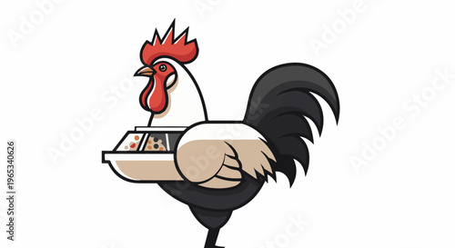 Stylized rooster with a tray of food items