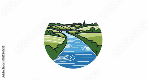 Stylized rolling green hills and a winding blue river with ripples