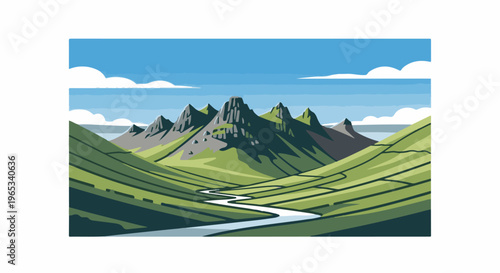Stylized rolling green hills meet rugged peaks under a blue sky
